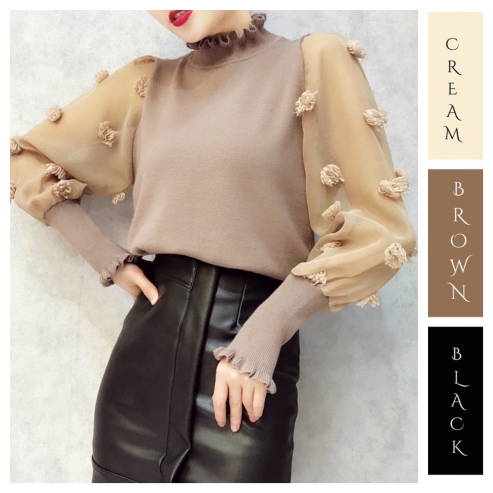 Sheer Textured Sleeve Knit Sweater Top - Picture 2 of 8